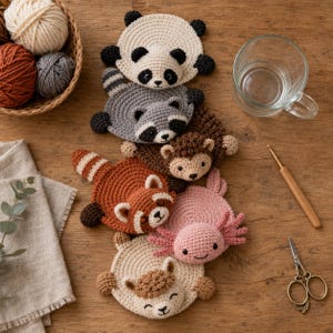 Può includere: Una collezione di sei sottobicchieri rotondi all'uncinetto raffiguranti un panda, un procione, un riccio, un panda rosso, un axolotl e un lama. Ogni sottobicchiere è realizzato con dettagliati punti di filato, mostrando tratti distintivi per ogni animale.