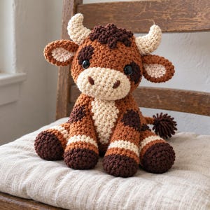 Pode incluir: Um bicho de pelúcia em forma de vaca, feito com fio marrom, marrom escuro e creme. O brinquedo apresenta dois chifres cor de creme, manchas marrom escuro, olhos de segurança pretos e uma cauda texturizada com uma ponta tufada.