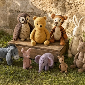 Paquete de patrones de ganchillo Amigos de la Miel del Bosque / 9 animales amigurumi / Oso, cerdo, burro, tigre, conejo, búho, canguro, cría de canguro y elefante / PDF