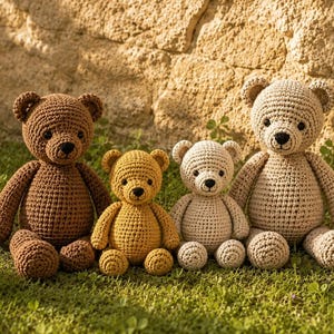 Pode incluir: Um conjunto de quatro ursos de peluche feitos à mão em crochet, com tamanhos e tons de castanho variados, desde o castanho chocolate escuro ao bege claro. Cada urso apresenta uma cabeça redonda, orelhas pequenas, um nariz preto bordado e uma superfície de fio texturizada.