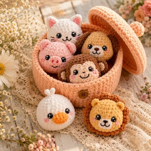 May include: A peach-coloured crocheted basket with a lid containing five small crocheted animal heads: a white cat, a pink pig, a tan dog, a brown monkey, and a yellow lion. A white crocheted duck sits outside the basket next to the container.