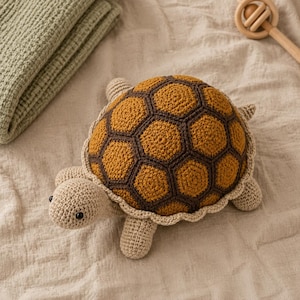 Schema PDF per tartaruga all'uncinetto - Tartaruga a mosaico dorata amigurumi, download digitale di un animale all'uncinetto