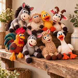 May include: A collection of eight crocheted stuffed animals including a gray donkey, a white sheep, a yellow duck, a brown and white goat, a colorful rooster, a gray foal, a tan llama, and a white goose, all featuring large plastic eyes.