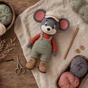Pode incluir: Uma boneca de rato em croché com um boné bege, uma camisa de manga comprida cor de ferrugem e jardineiras verde-sálvia com dois botões. O rato tem orelhas grandes com centros cor-de-rosa, botas castanhas com atacadores e um rosto bordado.
