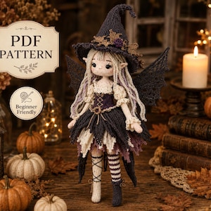 May include: A crochet doll featuring a pointed witch hat, dark wings, and a layered dress in shades of purple and cream. The doll has long light hair, pointed ears, and mismatched leg coverings with one side striped and the other featuring a lace-up design.