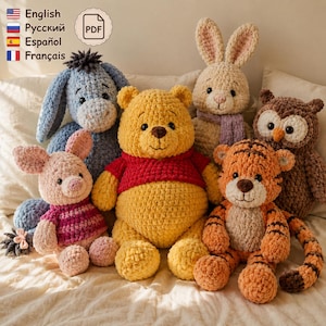 Puede incluir: Una colección de seis peluches de ganchillo que incluye un oso amarillo con camisa roja, un burro azul, un cerdito rosa con suéter a rayas, un conejo beige con bufanda morada, un tigre naranja y un búho marrón, con icono de PDF y texto.