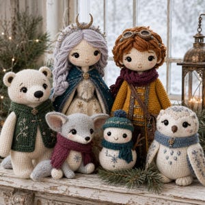 Peut inclure: Un ensemble de six figurines au crochet comprenant un ours blanc en gilet vert, une poupée aux longs cheveux gris avec une cape bleue, un renard gris à écharpe bordeaux, un petit bonhomme de neige, une poupée brune à lunettes et un hibou blanc.