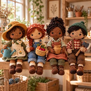 May include: Four handmade crochet dolls sitting in a row. The first wears a yellow hat and green dress holding a blue watering can. The second has red hair, a bandana, and blue overalls with a basket of vegetables. The third has dark hair, a rust apron, and a small pot. The fourth wears a green cap and patterned sweater holding a small axe.