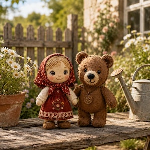Puede incluir: Una muñeca de tela hecha a mano con cabello de lana rubia, que lleva un pañuelo rojo con estampado floral y un vestido rojo a juego con flores bordadas, junto a un oso de peluche marrón con un pequeño colgante circular en el cuello.