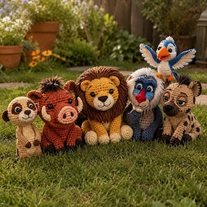 May include: A collection of six crocheted animal figures including a tan meerkat, a brown warthog, a golden lion with a dark brown mane, a blue and grey primate, a spotted hyena, and a small blue and white bird with orange accents.
