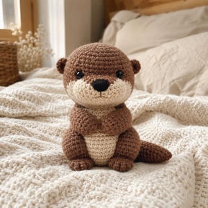 May include: A brown and cream-colored crocheted otter plush toy. The stuffed animal features a dark brown head, back, and limbs, with a lighter cream-colored face and belly. It has two small black plastic eyes and a black stitched nose.