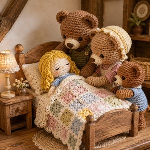 Goldilocks and the Three Bears Crochet Pattern PDF, Fairytale Amigurumi Doll Set, Bear Family, Blanket & Pillow Tutorial