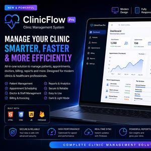 Könnte beinhalten: ClinicFlow Pro Klinikmanagementsystem-Software, dargestellt auf einem Laptop- und Smartphone-Bildschirm. Die Benutzeroberfläche zeigt ein Dashboard mit Patienten-, Termin- und Umsatzdaten in einem dunklen Design mit blauen und weißen Elementen.