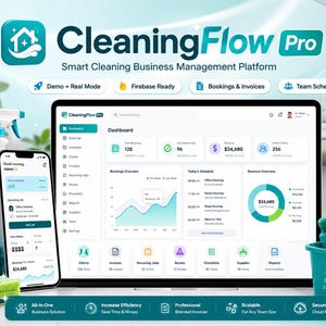 May include: A digital interface for CleaningFlow Pro, a smart cleaning business management platform. The display shows a dashboard with booking metrics, revenue, and schedules. A smartphone displays the mobile app version alongside cleaning supplies.