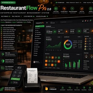 Pode incluir: Um sistema de gestão de restaurantes empresarial RestaurantFlow Pro 2.0 exibido num ecrã de portátil, um smartphone e um terminal de pagamento com recibo impresso. A interface apresenta painéis em modo escuro com detalhes verdes.