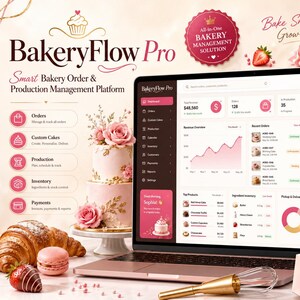 Könnte beinhalten: Ein Laptop mit dem BakeryFlow Pro Dashboard, einer Verwaltungsplattform für Bäckereien. Der Bildschirm zeigt Umsätze, Bestellungen und Produktionspläne. Die Benutzeroberfläche hat rosa Akzente, Symbole und Diagramme. Daneben stehen eine Torte, ein Croissant, ein Macaron, eine Erdbeere, ein Schneebesen und eine kleine Schachtel.