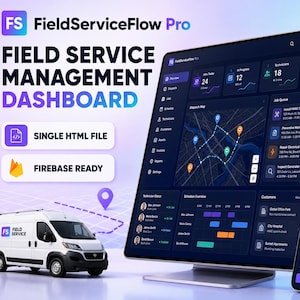 May include: A FieldServiceFlow Pro field service management dashboard displayed on a computer monitor and a smartphone, featuring a dark interface with data analytics, a map, job queues, and a white service van with the Field Service logo.