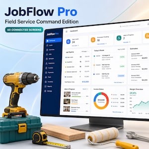 Può includere: Un monitor che mostra la dashboard JobFlow Pro Field Service Command Edition con metriche, insieme a un trapano giallo, una cassetta degli attrezzi turchese, un metro a nastro, un blocco di legno, un rullo per pittura, una chiave inglese e uno smartphone.