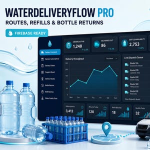 以下が含まれることがあります： WATERDELIVERYFLOW PROと題されたデジタルダッシュボード。アクティブな注文、配送、ボトルの在庫状況などの物流データが表示されています。インターフェースにはグラフ、配送キュー、青い水滴のロゴが入った白い配送用バンが含まれています。