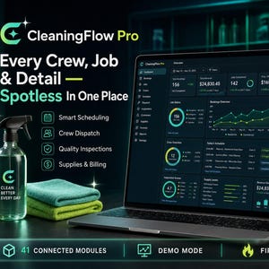 Puede incluir: Un portátil que muestra el panel de control de CleaningFlow Pro con gráficos de datos, junto a un pulverizador, dos paños de microfibra plegados y un cesto de limpieza. La pantalla muestra el texto Every Crew, Job & Detail — Spotless In One Place.