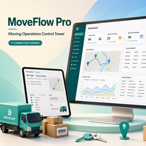 May include: A computer monitor and tablet displaying the MoveFlow Pro dashboard with moving operations data, including maps, charts, and schedules. A teal toy truck, cardboard boxes, a hand truck, and metal keys are arranged in the foreground.