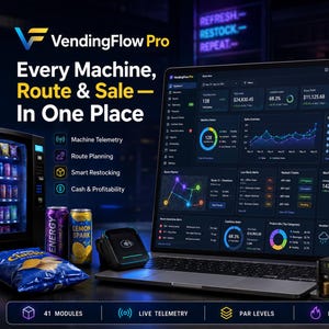 Könnte beinhalten: Ein Laptop zeigt das VendingFlow Pro Dashboard mit Datenanalysen, Diagrammen und Maschinenstatus. Der Text umfasst Every Machine, Route & Sale—In One Place, Machine Telemetry, Route Planning, Smart Restocking und Cash & Profitability.