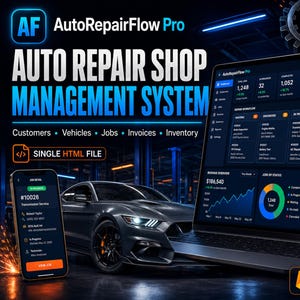 Könnte beinhalten: AutoRepairFlow Pro Kfz-Werkstatt-Managementsystem-Software, dargestellt auf einem Laptop- und Smartphone-Bildschirm. Die Benutzeroberfläche zeigt Dashboards für Kunden, Fahrzeuge, Aufträge, Rechnungen und Inventar. Enthält eine HTML-Datei.
