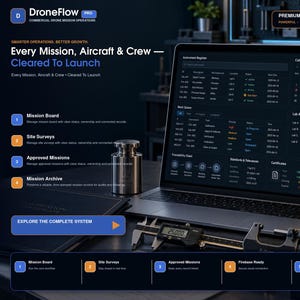 May include: A laptop displaying the DroneFlow Pro dashboard interface with mission management tools, site surveys, and calibration data. A digital caliper showing 25.000, a 1kg calibration weight, and a dial indicator are placed on the desk.
