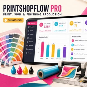 May include: A digital tablet displaying the PrintShopFlow Pro dashboard with workflow metrics, a color swatch fan, four ink droplets, a blue vinyl roll, a small printer, a metal ruler, and a sign reading BOLD DESIGN PERFECT FINISH.