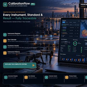 Peut inclure: Un ordinateur portable affichant le système de tableau de bord CalibrationFlow Pro, avec des analyses de données, des cartes de mission et un suivi des instruments. L'écran présente le texte 'Every Instrument, Standard & Result — Fully Traceable' sur un fond de paysage urbain.