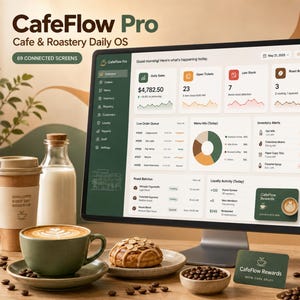 Puede incluir: Un monitor de computadora muestra el panel de control de CafeFlow Pro con métricas de ventas diarias, tickets abiertos y lotes de tueste. La pantalla presenta un menú lateral verde oscuro, una cola de pedidos en vivo, un gráfico circular y alertas de inventario. Se ven una taza de café, un pastel y un pequeño tostador.