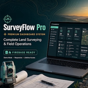 Puede incluir: Un ordenador portátil que muestra el sistema de panel SurveyFlow Pro con datos sobre topografía y operaciones de campo. La pantalla muestra métricas, horarios y mapas. Cerca hay un instrumento de topografía, un plano y un marcador de estudio.