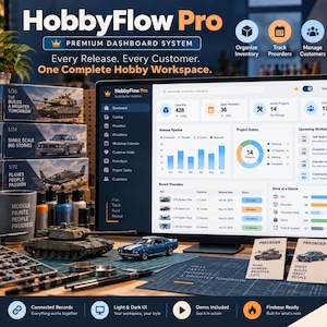 以下が含まれることがあります： HobbyFlow Proダッシュボードソフトウェアインターフェースを表示するコンピュータモニター。周囲にはモデルキット、塗料ボトル、印刷されたカードが配置されています。画面にはデータチャート、プロジェクトステータス、ホビー愛好家やワークショップ管理のための在庫リストが表示されています。