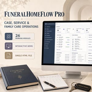 Peut inclure: Un écran d'ordinateur affichant le tableau de bord FuneralHomeFlow Pro pour la gestion des dossiers et services funéraires. À côté se trouvent un livre bleu foncé A Celebration of Life, un calendrier, un stylo noir, un porte-clés et un dossier.