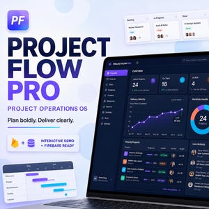 May include: A laptop displaying the Project Flow Pro dashboard interface with dark mode analytics, project tracking charts, and task management modules. The screen shows project health, delivery velocity, and live activity feeds with a clean UI.