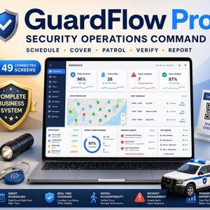 May include: A laptop displaying the GuardFlow Pro security dashboard with metrics, maps, and shift schedules. Surrounding items include a two-way radio, flashlight, keys with a fob, a checkpoint QR code sign, a body camera, and a security patrol vehicle.