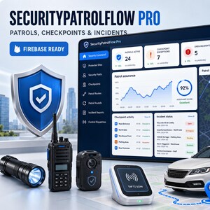 May include: SecurityPatrolFlow Pro software dashboard displaying patrol metrics, incident status, and route maps, accompanied by a black flashlight, a two-way radio, a body camera, a tap-to-scan device, and a white security patrol car.
