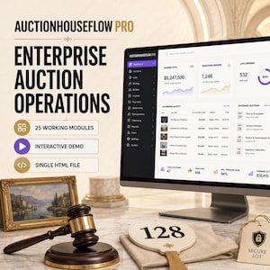 May include: A computer monitor displaying the AuctionHouseFlow Pro dashboard with auction data, next to a wooden gavel, a numbered paddle 128, a Secure Lot tag, and a framed landscape painting, all arranged on a marble surface.