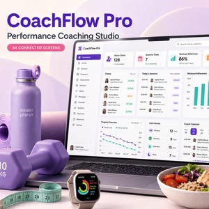 May include: A laptop displaying the CoachFlow Pro dashboard with client metrics, a purple water bottle with the text STRONGER EVERY DAY, a 10 kg dumbbell, a measuring tape, a smartwatch, and a bowl of chicken, avocado, and quinoa salad.