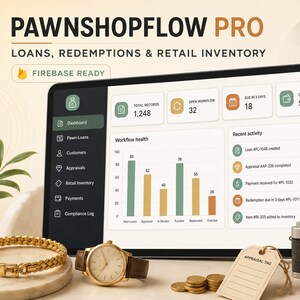 Könnte beinhalten: Ein digitales Tablet zeigt das Pawnshopflow Pro Dashboard mit Kennzahlen für Kredite, Einlösungen und Inventar. Der Bildschirm zeigt ein Balkendiagramm, Aktivitätsprotokolle und Zusammenfassungskarten. Ein goldenes Armband, eine Uhr und eine Kamera liegen daneben.