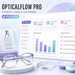 Puede incluir: Un panel digital titulado OPTICALFLOW PRO EYEWEAR, LENSES & LAB ORDERS muestra métricas, gráficos de flujo de trabajo y actividades recientes. En primer plano, se ven unas gafas, una lente, un estuche de lentes de contacto y un optotipo.