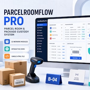 May include: A computer monitor displaying the ParcelRoomFlow Pro dashboard interface, featuring a barcode scanner, three cardboard boxes, a blue B-04 sign, an access keycard, and a verified pickup sign with a green checkmark icon.