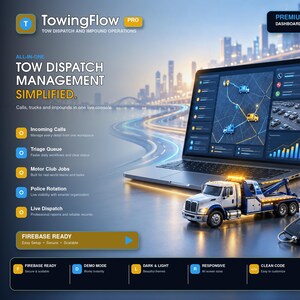 Könnte beinhalten: Ein Laptop und ein Smartphone mit dem TowingFlow Pro Dashboard-System für die Abschleppdisposition. Der Bildschirm zeigt Karten, Fahrzeugsymbole und Diagramme. Ein Spielzeug-Abschleppwagen, ein Verkehrskegel und ein Funkschlüssel.