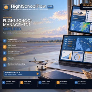 May include: FlightSchoolFlow Pro software interface displayed on a laptop and tablet screen, featuring flight management dashboards with maps, charts, and status icons. A small model airplane and headphones sit on the desk near the devices.