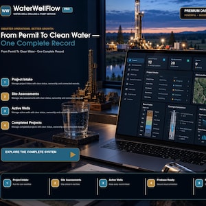 May include: A laptop displaying the WaterWellFlow Pro dashboard system, featuring project intake, site assessments, and well analytics. The screen shows data charts, maps, and bore profiles. Text includes From Permit To Clean Water—One Complete Record.
