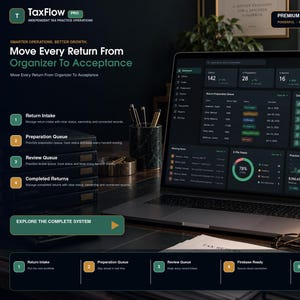 Op de afbeelding: Een laptop met het TaxFlow Pro dashboard-systeem in een donkere interface, met datametrieken, wachtrijen voor belastingaangiftevoorbereiding en de status van klantdocumenten, inclusief de tekst Move Every Return From Organizer To Acceptance.