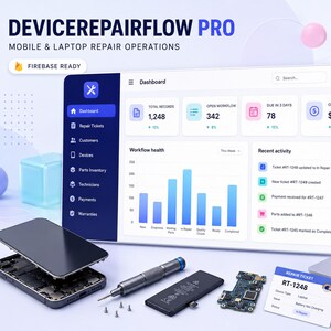 May include: A digital dashboard interface labelled DEVICEREPAIRFLOW PRO for mobile and laptop repair operations, featuring analytics, workflow charts, and repair ticket data, accompanied by a disassembled smartphone, a screwdriver, a battery, and a laptop.