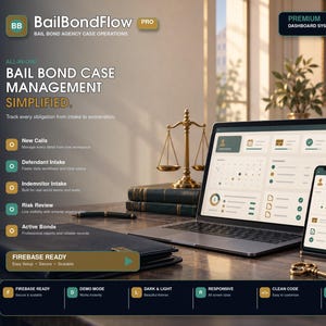 Puede incluir: Una interfaz de panel digital para BailBondFlow Pro mostrada en una computadora portátil y un teléfono inteligente. La pantalla muestra herramientas de gestión de casos, calendarios e iconos. Una balanza de justicia de latón, un candado dorado y una llave están sobre el escritorio.