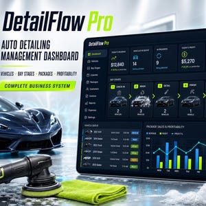 Puede incluir: Un panel digital titulado DetailFlow Pro que muestra métricas de gestión de detallado de automóviles, incluyendo ingresos, cola de vehículos y etapas de bahía. La interfaz presenta gráficos, iconos de coches y datos comerciales.