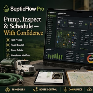 Può includere: Una dashboard software SepticFlow Pro visualizzata sullo schermo di un portatile, che mostra un centro di comando con percorsi dei camion, profili dei serbatoi e volumi di pompaggio. Un tablet, un modellino di autocisterna, un tubo verde e raccordi in ottone sono sulla scrivania.